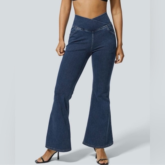 HALARA Flex High-Waisted Blue Crossover Washed Flare Stretch Soft Jeans NEW Mp - Picture 10 of 10